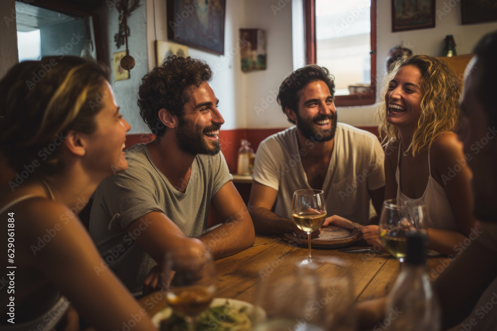 A Convivial Gathering of Friends Around a Table, Savoring Traditional Portuguese and Spanish Cuisine A Convivial Gathering of Friends Around a Table, Savoring Traditional Portuguese and Spanish Cuisine
