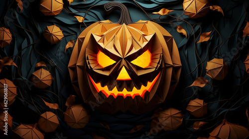 ltra-Detailed Jack-o'-Lantern: Crease Pattern Origami Style, Paper Cutout, Halloween Mural Composition on a Dark Background