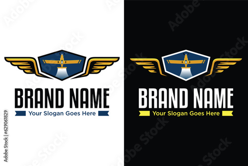 Crop duster airplane spraying a farm with wing illustration logo design