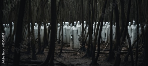 Occult ritual group at haunted foggy forest background. Generative AI technology.