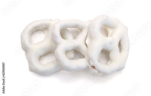 white chocolate covered pretzels on white background 