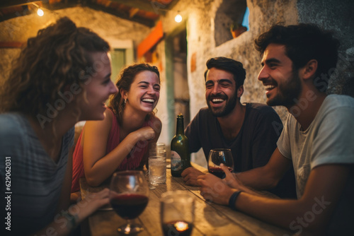 A Convivial Gathering of Friends Around a Table, Savoring Traditional Portuguese and Spanish Cuisine