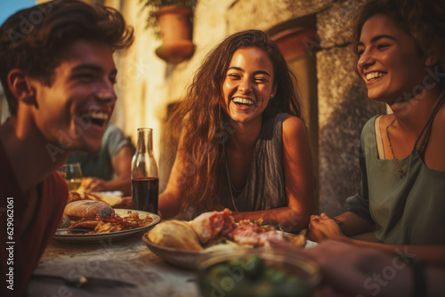 A Convivial Gathering of Friends Around a Table, Savoring Traditional Portuguese and Spanish Cuisine