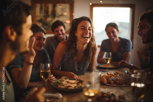 A Convivial Gathering of Friends Around a Table, Savoring Traditional Portuguese and Spanish Cuisine