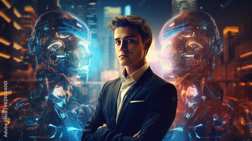 Naklejka premium AI and Chatbot technology is a collaboration between business people. that aims to develop into the world of the future