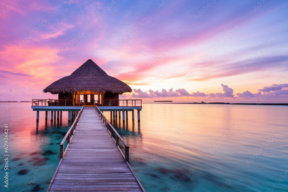 Maldivian Serenity. A Secluded Beach Offering Peace and Tranquility at sunset. Tropical beach with blue waters concept. AI Generative Maldivian Serenity. A Secluded Beach Offering Peace and Tranquility at sunset. Tropical beach with blue waters concept. AI Generative