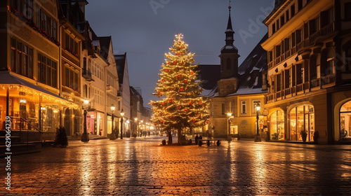 Canvas Print a christmas tree is near a building with lit lights Generative AI