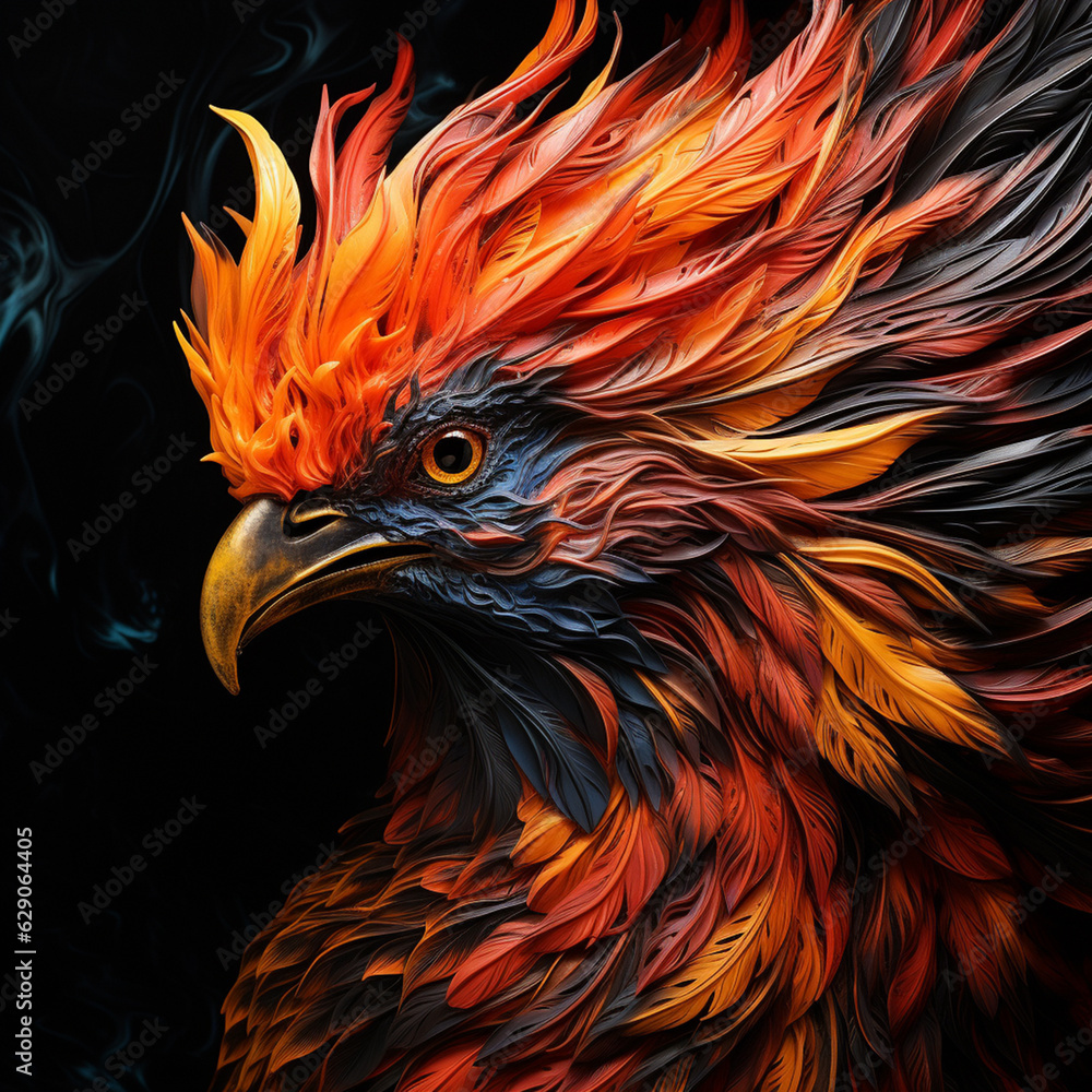 fiery phoenix, presented prominently against the stark contrast of a pure black background