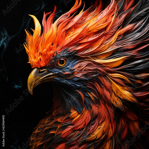 fiery phoenix, presented prominently against the stark contrast of a pure black background © Studio Art