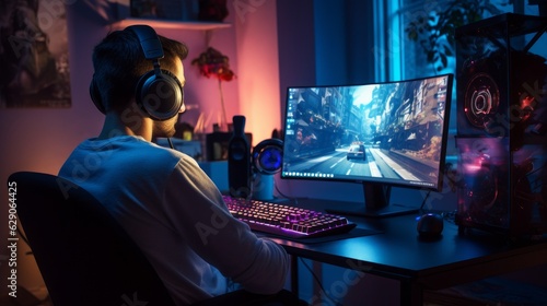 a handsome gamer guy gaming on his pc computer console with keyboard mouse and headphones in front of multiple monitor. sitting on a chair in his gaming room with rgb led lights. Generative AI