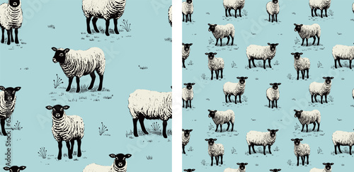 flock of sheep cute nursery vintage pale blue and white childlike farm vector illustration seamless pattern