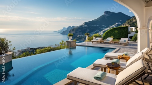 Luxurious villa nestled along the breathtaking Amalfi Coast of Italy, with panoramic views of the sparkling Mediterranean Sea and cliffside terraces