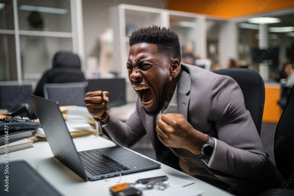 Frustrated Black Man Sitting at Desk in the Office, Expressing Irritation and Anger Over Workplace Stress
Frustrated Black Man Sitting at Desk in the Office, Expressing Irritation and Anger Over Workplace Stress