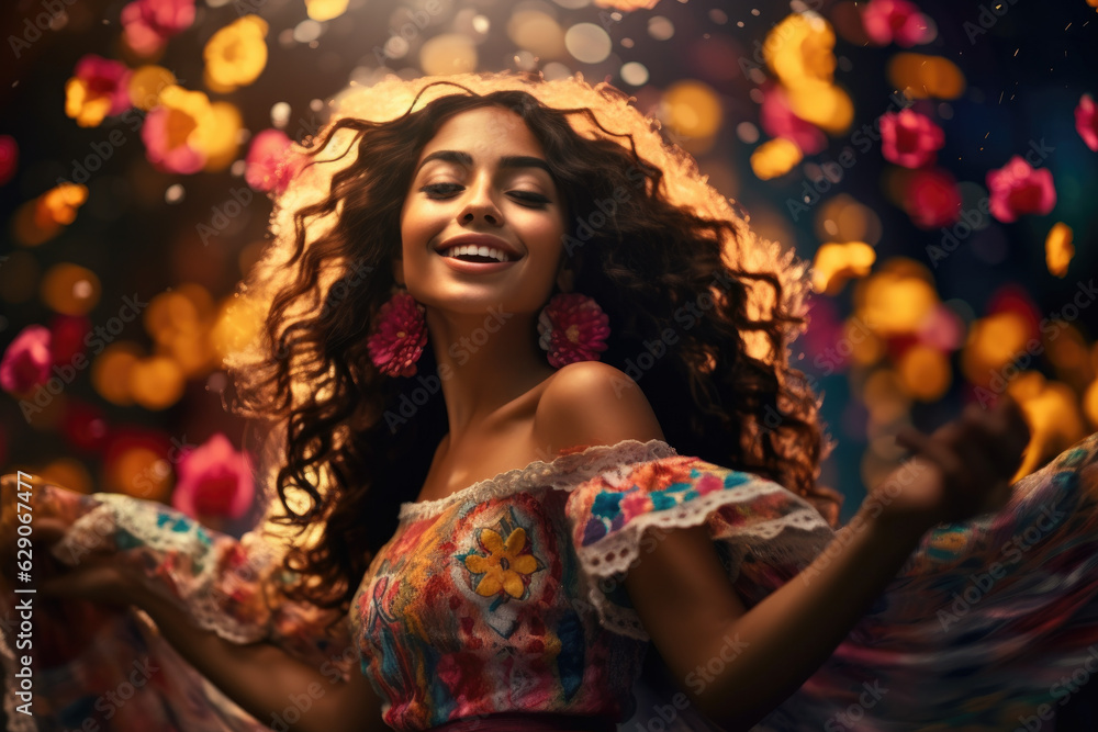 Φωτογραφία Vibrant Mexican Fiesta: Latina Lady in Traditional Mexican Dress Dancing at a Li