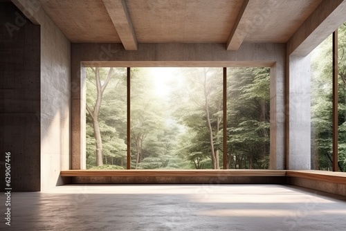 Tranquil Wilderness: Expansive Window in Concrete Room Offering Forest View (Generative AI) © Benjamin