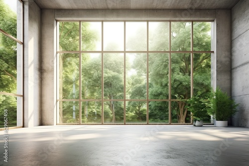 Forest Vistas  Serene Concrete Room with Spacious Window Framing Nature s Beauty  Generative AI 