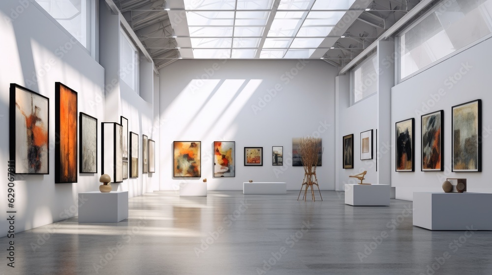 An art gallery with beautiful paintings displayed on minimalist white walls. Generative AI - obrazy, fototapety, plakaty 
