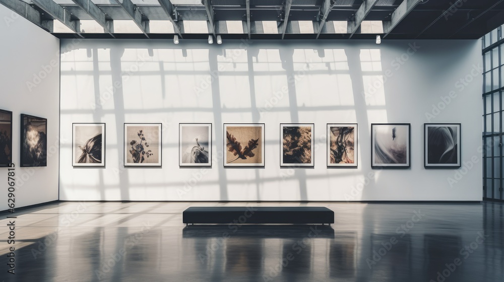 Naklejka premium An art gallery with beautiful paintings displayed on minimalist white walls. Generative AI