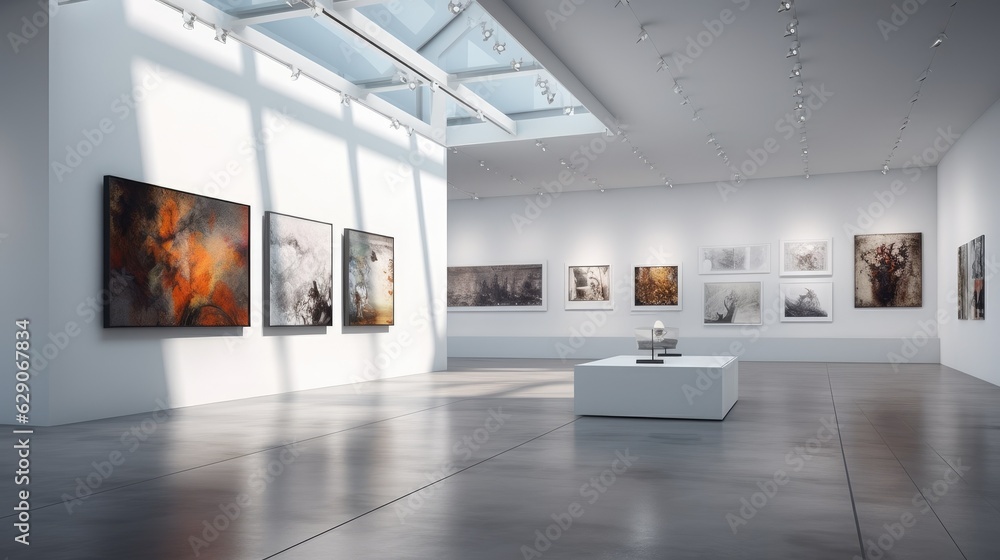 An art gallery with beautiful paintings displayed on minimalist white walls. Generative AI An art gallery with beautiful paintings displayed on minimalist white walls. Generative AI