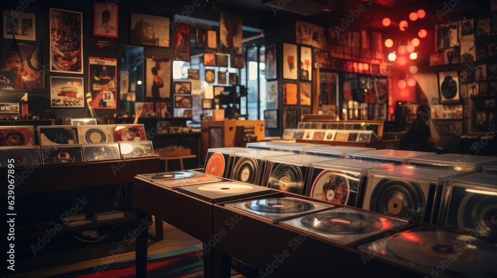 A record store with vintage vinyl collections under warm, nostalgic lighting. Generative AI