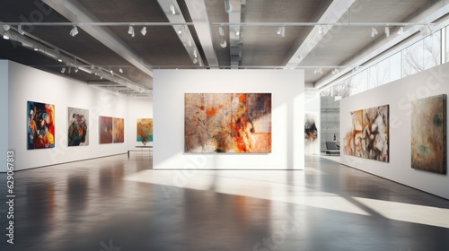 An art gallery with beautiful paintings displayed on minimalist white walls. Generative AI photo