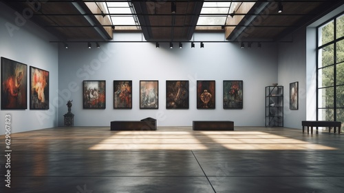 An art gallery with beautiful paintings displayed on minimalist white walls. Generative AI photo