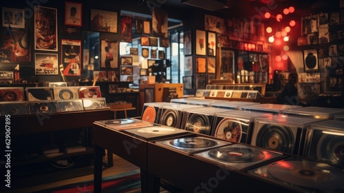 A record store with vintage vinyl collections under warm, nostalgic lighting. Generative AI