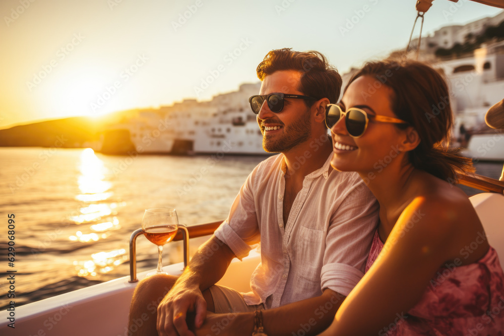 Romantic Mediterranean Cruise. Couple Sailing on a Boat during Summer Vacation at Sunset. AI Generative