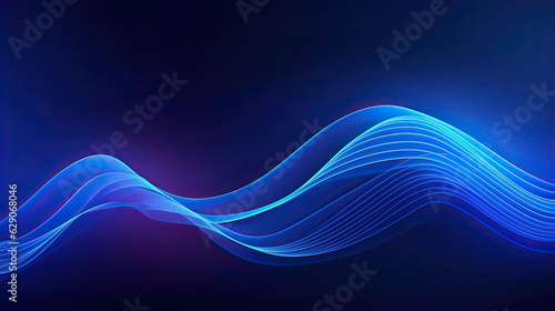 abstract minimal neon background with glowing wavy line. Dark wall illuminated with led lamps. Blue futuristic wallpaper © Sasint