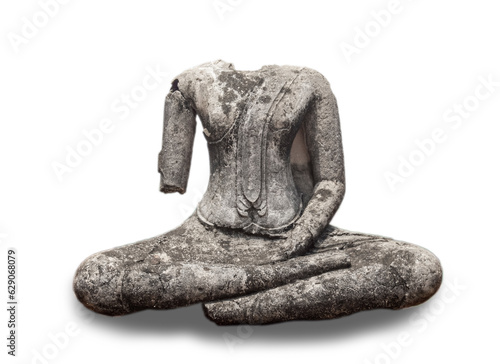 An Ancient Buddha statues, which was broen down, leaving only the body isolated on white background