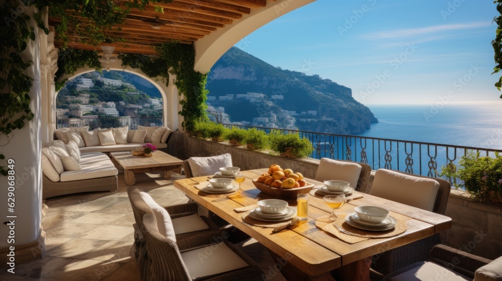 Luxurious villa nestled along the breathtaking Amalfi Coast of Italy, with panoramic views of the sparkling Mediterranean Sea and cliffside terraces Luxurious villa nestled along the breathtaking Amalfi Coast of Italy, with panoramic views of the sparkling Mediterranean Sea and cliffside terraces