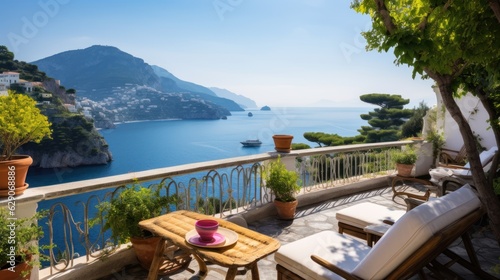 Luxurious villa nestled along the breathtaking Amalfi Coast of Italy, with panoramic views of the sparkling Mediterranean Sea and cliffside terraces © Damian Sobczyk