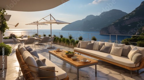 Luxurious villa nestled along the breathtaking Amalfi Coast of Italy  with panoramic views of the sparkling Mediterranean Sea and cliffside terraces