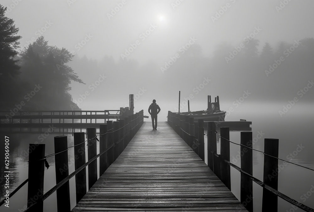 A moody image of a man walking on a dock on a foggy night at a lake.  Generative AI.