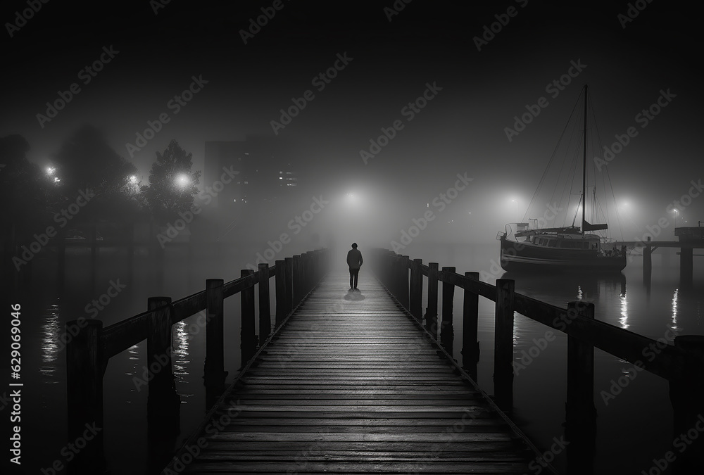 A moody image of a man walking on a dock on a foggy night in a city harbour.  Generative AI. - obrazy, fototapety, plakaty 