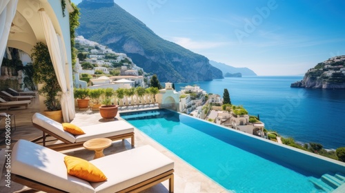 Luxurious villa nestled along the breathtaking Amalfi Coast of Italy, with panoramic views of the sparkling Mediterranean Sea and cliffside terraces © Damian Sobczyk