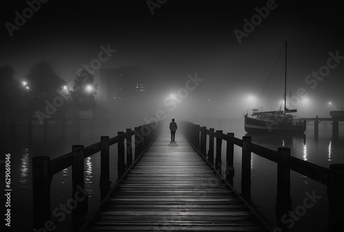 A moody image of a man walking on a dock on a foggy night in a city harbour.  Generative AI. photo