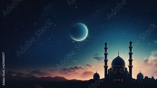 Mosques Dome on dark blue twilight sky and Crescent Moon on background, symbol islamic religion Ramadan and free space for text arabic, Eid al-Adha, Eid al-fitr, Mubarak, Islamic new year Muharram © Sasint