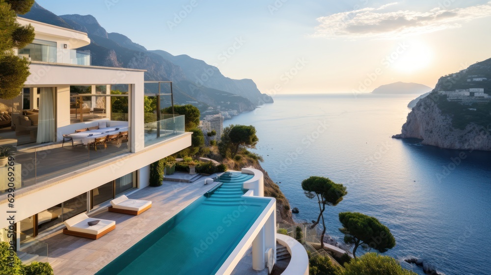 Obraz premium Luxurious villa nestled along the breathtaking Amalfi Coast of Italy, with panoramic views of the sparkling Mediterranean Sea and cliffside terraces