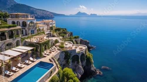 Luxurious villa nestled along the breathtaking Amalfi Coast of Italy, with panoramic views of the sparkling Mediterranean Sea and cliffside terraces