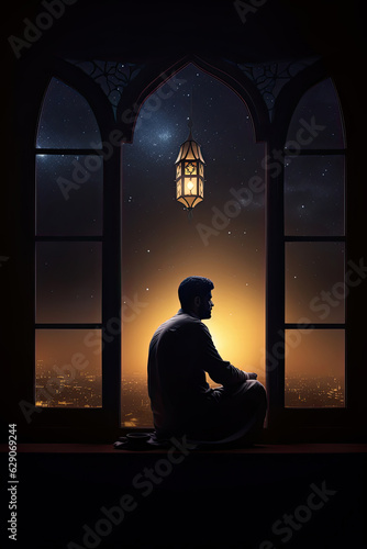 Ramadan Kareem pray. Eid Mubarak, Muslim Islam prayer, man in night, iftar fasting at home, window arch and traditional lantern. Arab religion holidays.