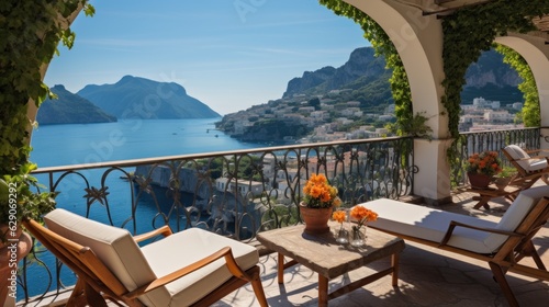 Luxurious villa nestled along the breathtaking Amalfi Coast of Italy  with panoramic views of the sparkling Mediterranean Sea and cliffside terraces