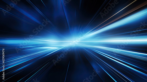 science, futuristic, energy technology concept. Digital image of light rays, stripes lines with blue light, speed and motion blur over dark blue background © Sasint