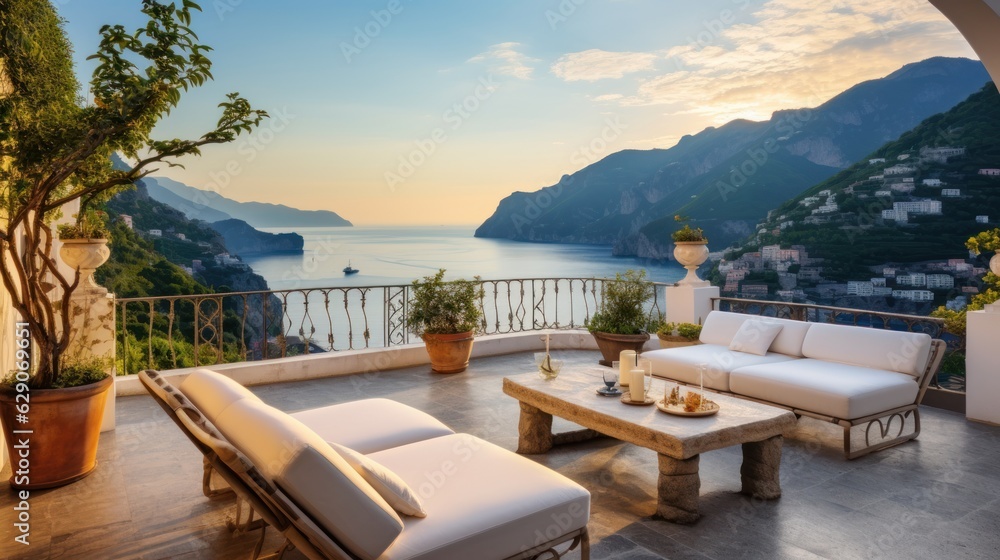 Fototapeta premium Luxurious villa nestled along the breathtaking Amalfi Coast of Italy, with panoramic views of the sparkling Mediterranean Sea and cliffside terraces
