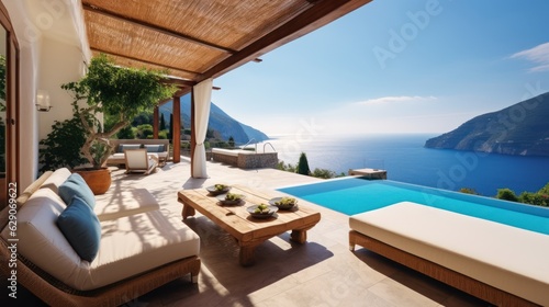 Luxurious villa nestled along the breathtaking Amalfi Coast of Italy  with panoramic views of the sparkling Mediterranean Sea and cliffside terraces