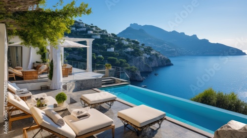 Luxurious villa nestled along the breathtaking Amalfi Coast of Italy  with panoramic views of the sparkling Mediterranean Sea and cliffside terraces