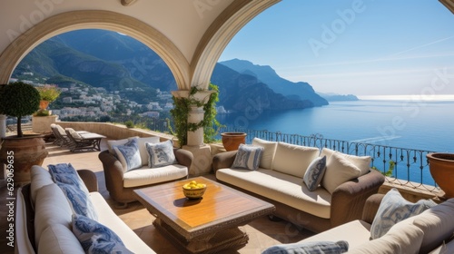 Luxurious villa nestled along the breathtaking Amalfi Coast of Italy  with panoramic views of the sparkling Mediterranean Sea and cliffside terraces