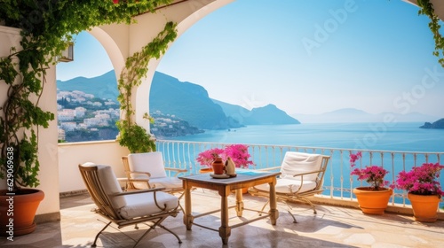 Luxurious villa nestled along the breathtaking Amalfi Coast of Italy  with panoramic views of the sparkling Mediterranean Sea and cliffside terraces