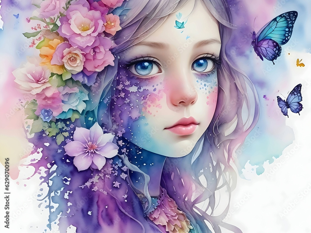 A whimsical watercolor-style portrait of a girl, with vibrant splashes of color, dreamy textures. AI Generative Free Photo
