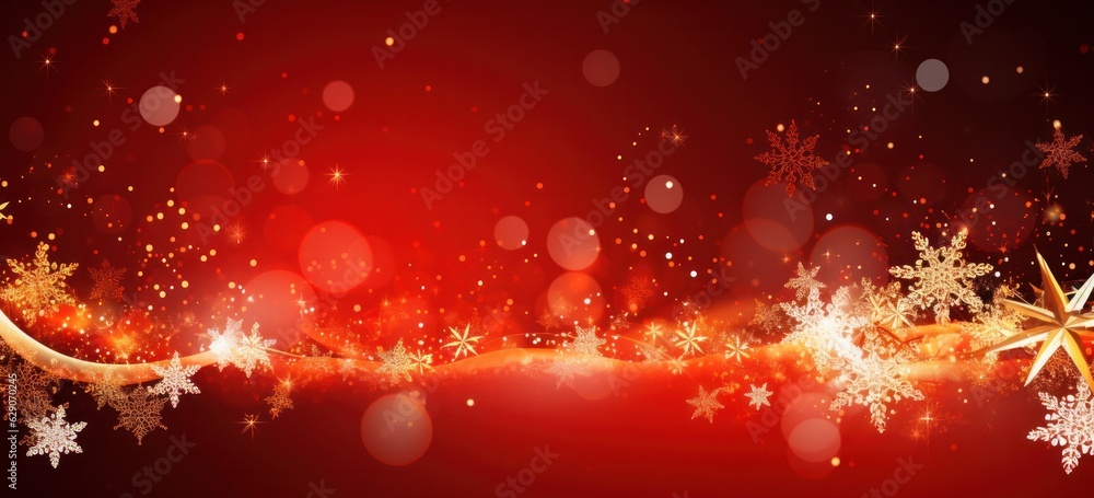 Shimmering red Xmas background with snowflakes. Merry Christmas banner.